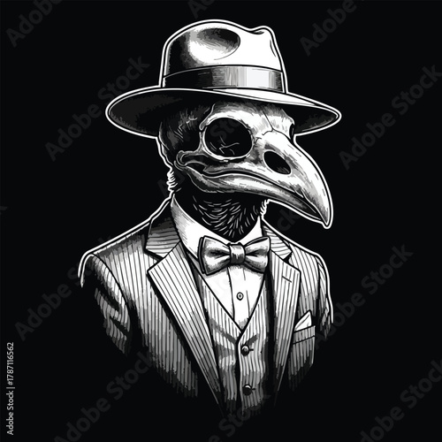 Elegant bird skull figure in fedora and pinstripe suit a mysterious monochrome vintage gothic artwork