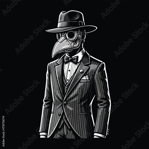 Elegant Steampunk Plague Doctor Character in a Classic Formal Suit and Fedora Hat