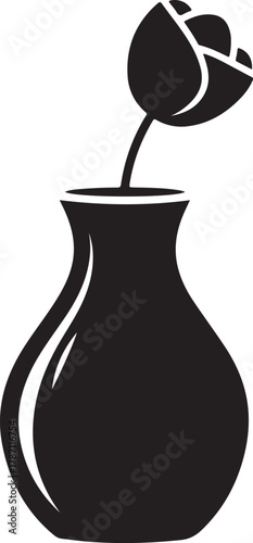 Single Rose in Vase Silhouette Icon – Black Flower Vase Vector Isolated on White
