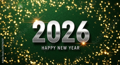 Shiny silver 2026 happy new year text with sparkling golden bokeh lights on a dark green textured background festive celebration concept