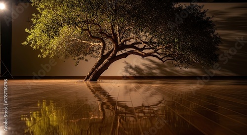 A lone tree is bending over the water reflecting its own shadow