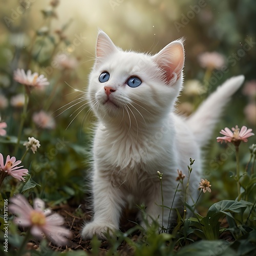 Charming Blue-Eyed Cat Exploring a Peaceful Flower Garden.