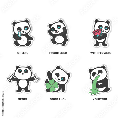Set of adorable cartoon panda bear stickers expressing various emotions and activities