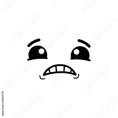 A simple black and white cartoon icon showing a facial expression of intense fear and anxiety