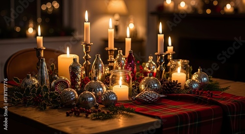 Festive Candlelit Holiday Table Decoration with Ornaments and Pine Sprigs