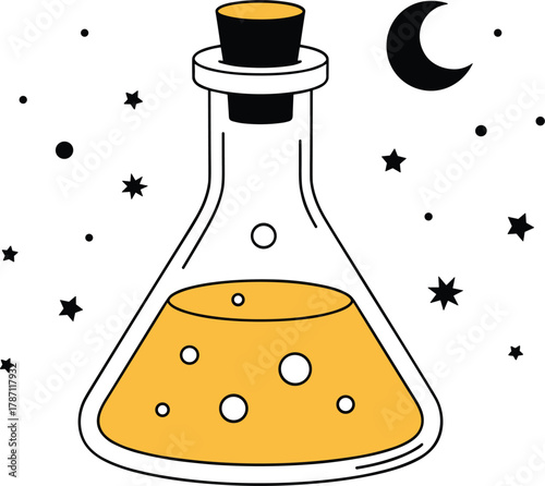 Yellow Potion Bottle with Cork and Celestial Elements flask liquid