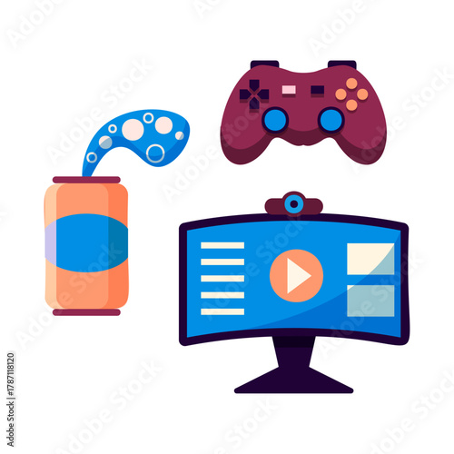 Gaming Zone Soda, Controller, and Monitor Vector Illustration