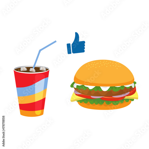 Tasty cheeseburger and a carbonated beverage representing a popular and satisfying junk food meal