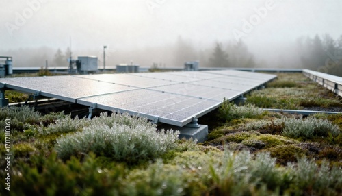 Solar Panels on Green Roof: Eco-friendly rooftop solar panels bask under the morning mist, nestled within a lush green rooftop garden.