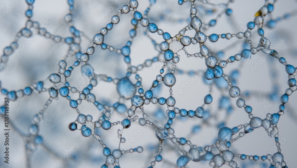 Fototapeta premium Abstract network of blue droplets and interconnected structures