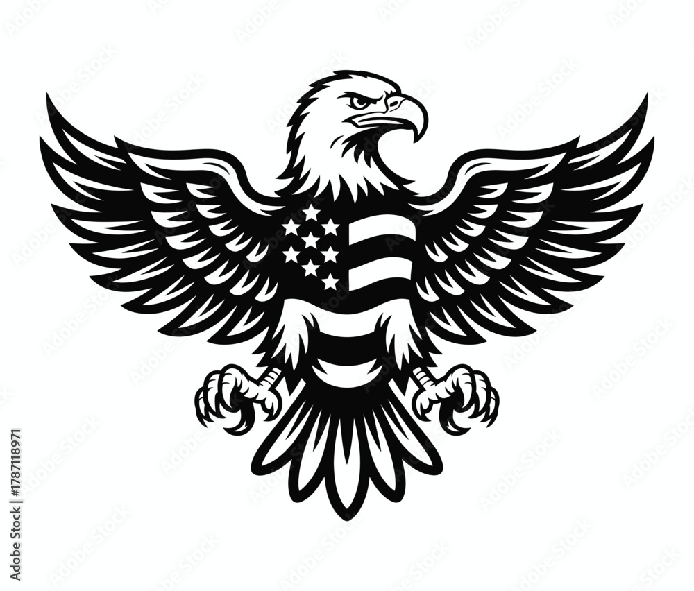 Fototapeta premium American bald eagle silhouette with wings spread, monochrome vector design featuring USA flag elements, perfect for patriotic illustration, print, logo, and decoration artwork.