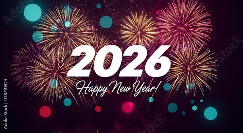 Vibrant 2026 new year s eve fireworks display with glowing bokeh lights and celebratory text wishing a happy new year against a dark night sky background