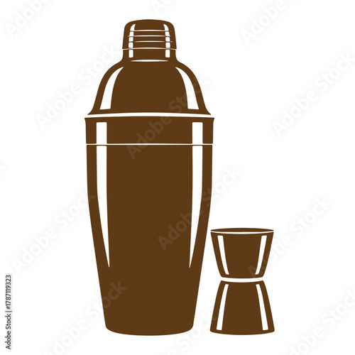 Simple vintage art illustration of a cocktail shaker and jigger on a clean white background