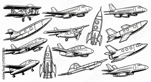 Collection of Hand-Drawn Vintage Airplanes, Jets, and Rockets Sketch Set.