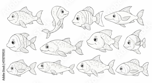 Collection of various cartoon fish illustrations for coloring book pages.