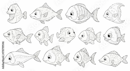 A diverse set of cute cartoon fish line art for coloring.