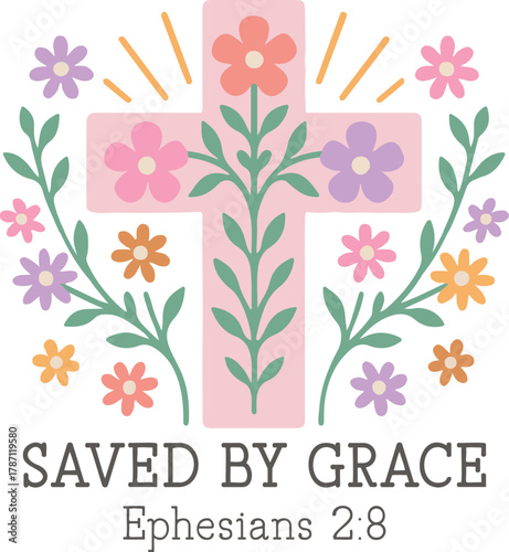 saved by grace - Christian typography t-shirt, Religious motivation quote, Boho floral faith Art, positive christianity design
