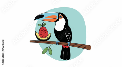 Toucan Bird Perched on a Branch with Fruit.