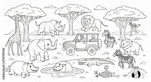 Safari Adventure Coloring Page - Animals and Vehicle.