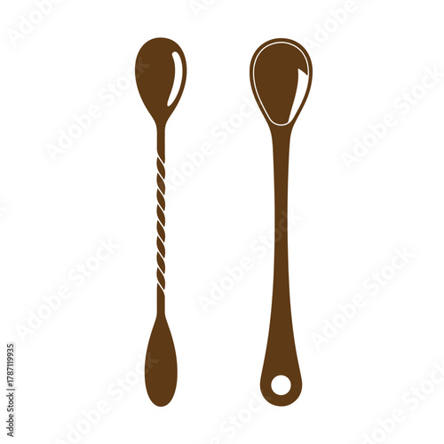 Two classic bar spoon silhouettes in brown color on white background vintage art