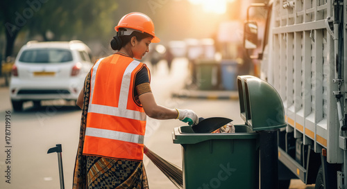 A female sanitation worker wearing disposes a bag of garbage into a blue bin on a city roadside.