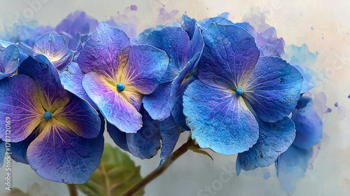 Fototapeta Naklejka Na Ścianę i Meble -  Close up of blue and purple hydrangea flowers with yellow centers.