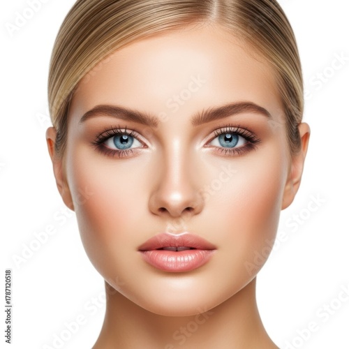 Close-up portrait of a beautiful woman with striking blue eyes and flawless skin featuring natural makeup isolated on white background