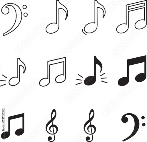Music Note and Clef Icon Set Vector Symbols for Melody, Sound, and Notation