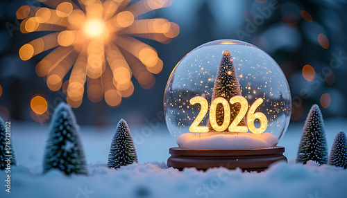 Snow Globe with 2026 Illuminated and Winter Trees at Night 