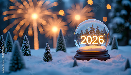 Snow Globe with 2026 Illuminated and Winter Trees at Night 