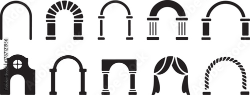Arches Set Cartoon Outline Icon Collection Architectural Element Black and White