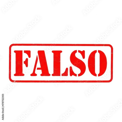Red stamp reads 'falso' indicating untruth or deception visual for content moderation and verification applications isolated on white background