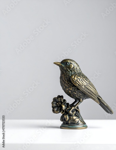 Small bronze avian sculpture perched on a stylized floral base