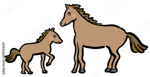 かわいい親子の馬イラスト　茶色