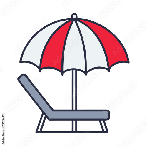 Red and white beach umbrella with lounge chair in summer  