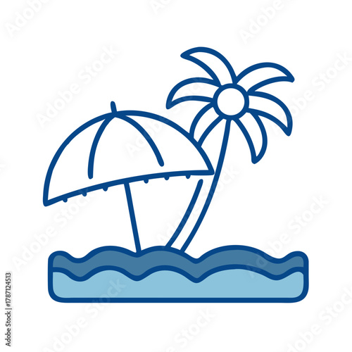Tropical beach with palm trees and umbrella on blue waves  