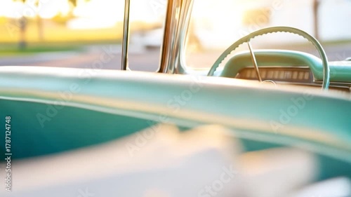 Vintage car interior steering wheel dashboard retro design golden hour light