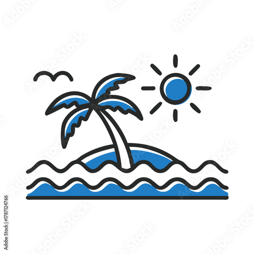 Tropical island with palm tree and sun on blue ocean waves  