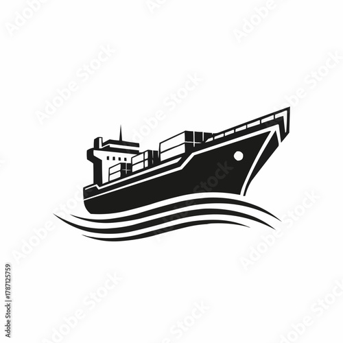 Monochrome vector icon of a large cargo ship sailing on ocean waves.