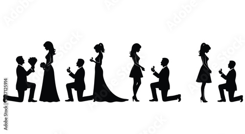Men proposing to women with rings and flowers in silhouette scenes