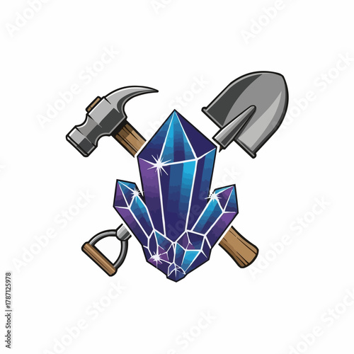 Mining Tools and Crystals Illustration.