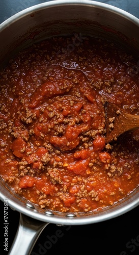 Delicious hearty bolognese sauce simmering in a metal pot, rich red color and deep texture, ready for classic Italian pasta dishes, ground, tomato, vegetable