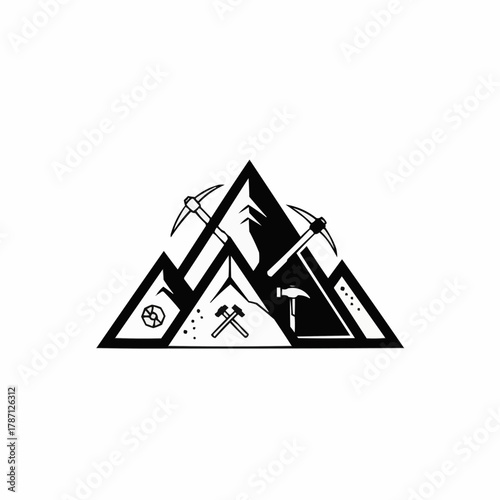 Mountain Mining Logo with Crossed Pickaxes and Geological Elements.