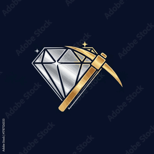 Golden pickaxe mining diamond gem sparkling on dark background.