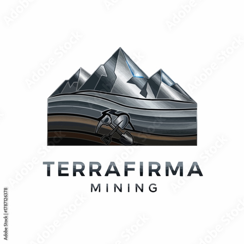 Terra Firma Mining Company Logo with Stylized Mountains and Layered Earth.