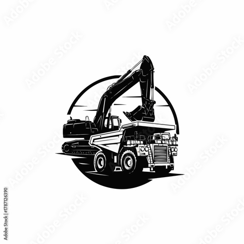 Heavy machinery excavator loading a large mining dump truck.