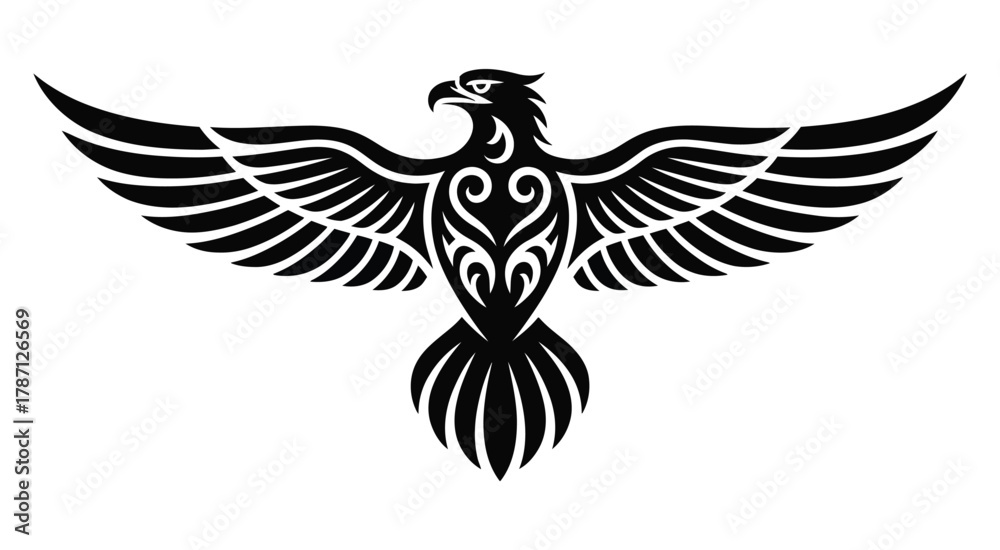 Obraz premium Majestic tribal eagle tattoo design, detailed black ink illustration of flying bird, perfect for body art, and symbolic graphic design projects