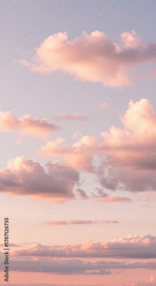 Fototapeta premium Gentle pastel colors fill this wide, atmospheric abstract sky scene featuring soft, wispy cumulus clouds floating high above ,dreamy, peaceful, cloud