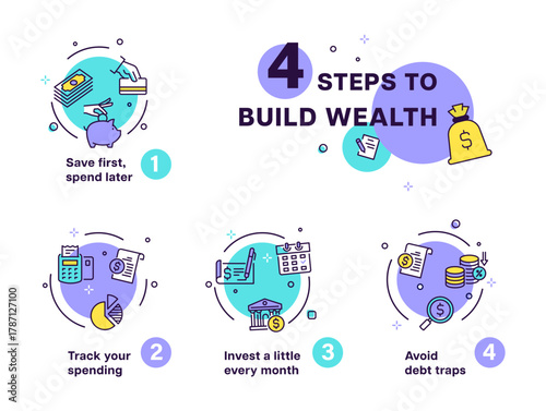 An infographic with practical tips for effective saving, spending, and investing in personal finance management.