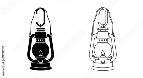 Two vintage kerosene lanterns depicted in contrasting black and white line art